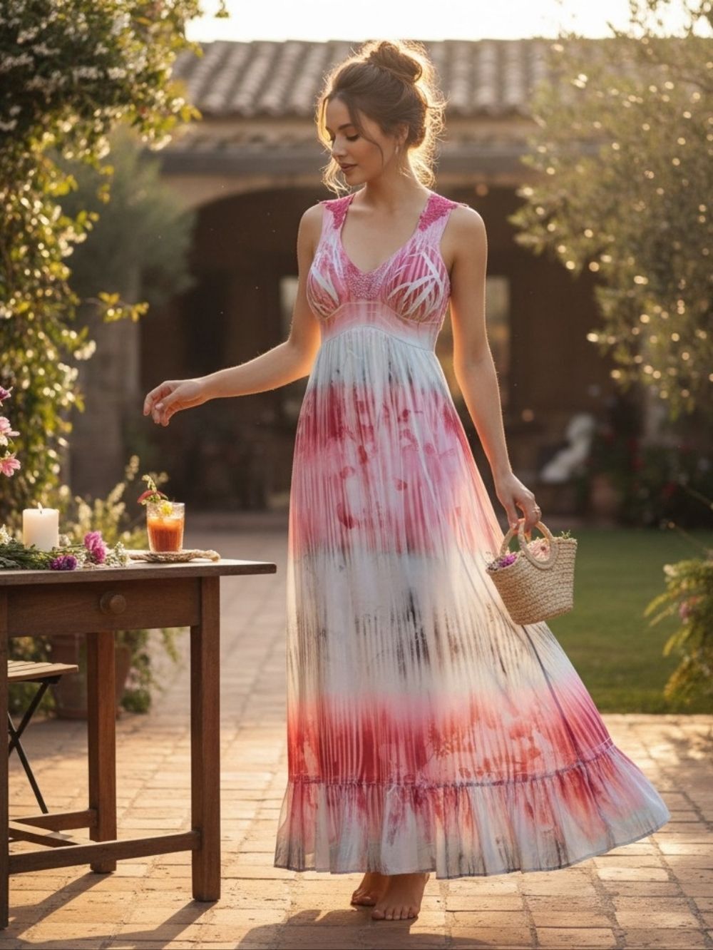 Style & Co Petite Pink Ombre Lace Maxi | Boho Romantic Pleated Sundress Size PM